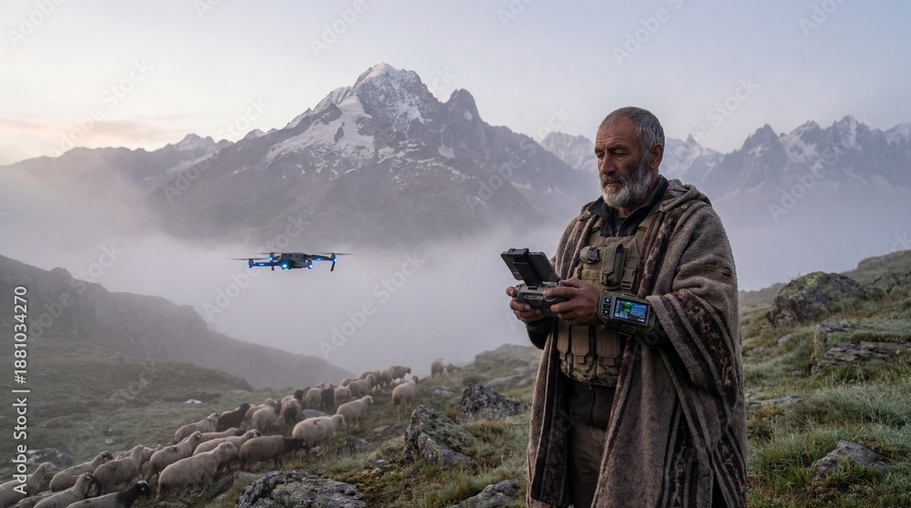 custom made wallpaper toronto digitalElderly shepherd controlling a high-tech drone in a foggy mountain landscape with a flock of sheep. Concept of modern agriculture and rural innovation.