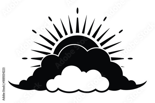Clean Vector Graphic of a Sun Emerging from a Cloud, Black and White Icon for Optimistic Branding