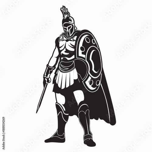Ancient Spartan Warrior Silhouette with Shield and Sword