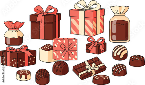 Cute chocolate gift boxes and assorted sweets illustration, festive candy collection isolated on white background for celebration designs