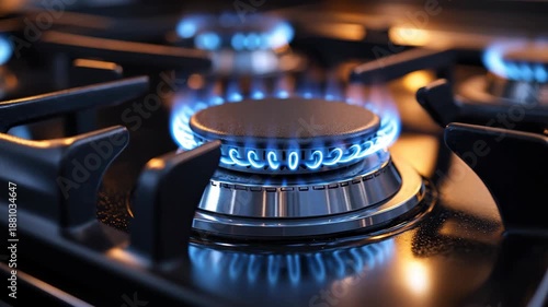 Cinematic gas stove burner with a glowing blue flame ideal for appliance ads and natural gas energy promotions.