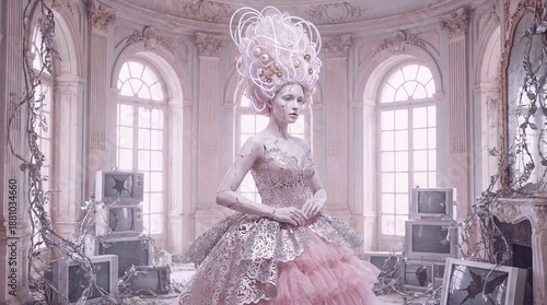 Wallpaper Mural Surreal android model with cracked porcelain skin in a Neo-Rococo gown made of aluminum lace. Futuristic fashion in a decayed palace with pastel lighting. Torontodigital.ca