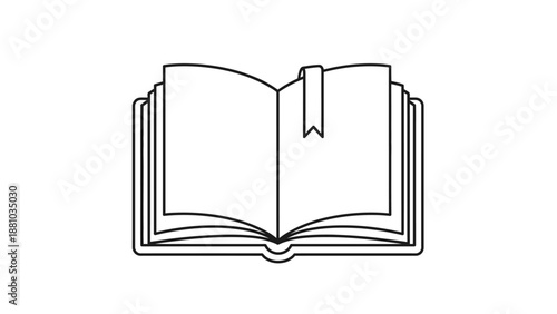 Minimalist black line art icon depicting an open book with blank pages and a simple ribbon bookmark for reading concepts.