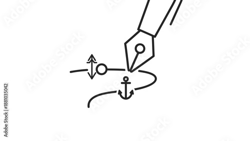 Minimalist line art drawing featuring a fountain pen actively tracing a path connecting navigational points like an anchor.