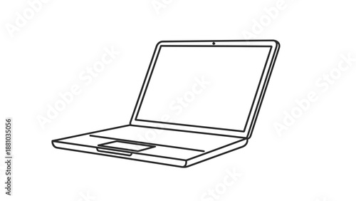 Minimalist black and white line art icon representing a portable notebook computer with an open screen and touchpad.