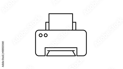 Simple black and white line art icon representing a modern office printer device actively dispensing printed documents.