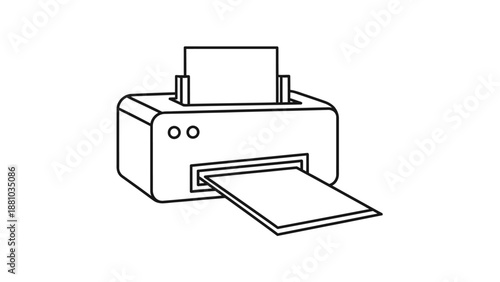 Simple line art illustration of an office printer actively printing a document with paper loaded in the input tray.