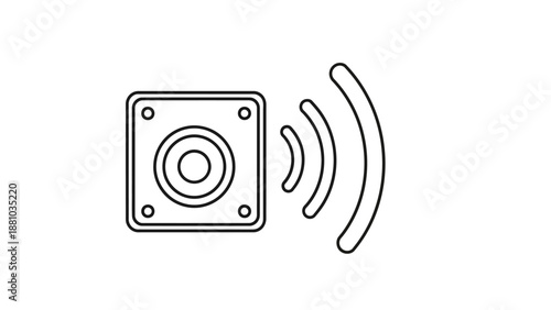 Simple line art icon representing a wireless sound speaker broadcasting audio signals with radiating waves.