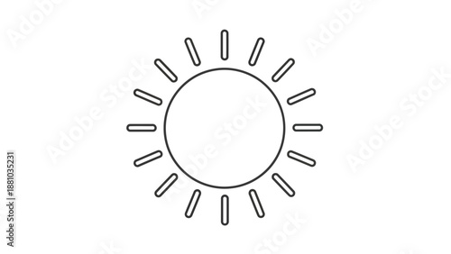 Simple black and white outline icon representing the sun with radiating rays, perfect for minimalist graphic design projects.