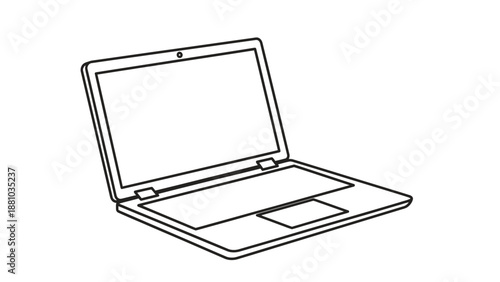 Simple line art drawing of an open portable computer featuring a blank screen and keyboard ready for digital input.