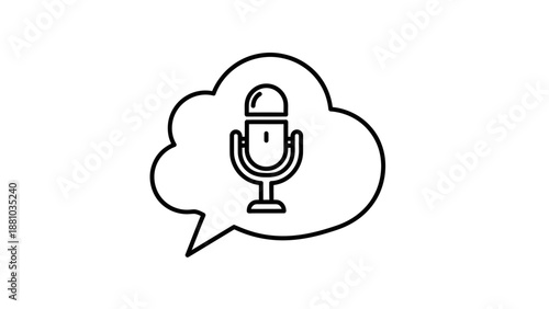 Black outline icon depicting a vintage studio microphone inside a prominent speech bubble concept for audio recording or broadcasting.