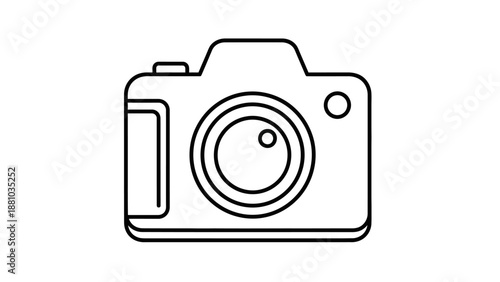 Simple black and white line art icon representing a modern digital single-lens reflex camera for photography and media projects.