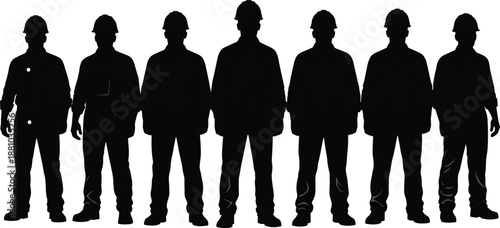 Group of diverse construction workers silhouettes wearing hard hats and safety gear standing in a row for industrial teamwork concept