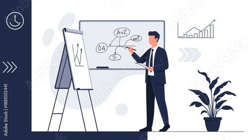 Businessman presenting strategy on whiteboard with charts and plant