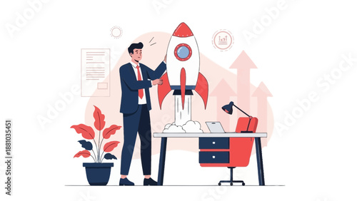 Businessman launching rocket from office desk, startup concept illustration