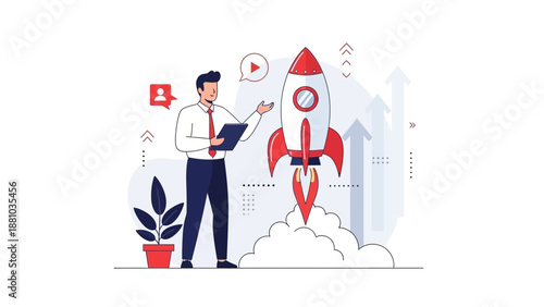 Businessman launching rocket, startup concept, business growth, innovation, success
