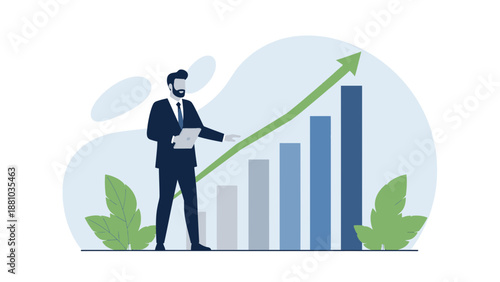 Businessman pointing at growing financial graph with arrow, business success concept illustration