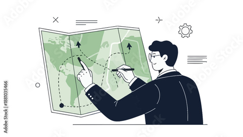 Businessman planning travel route on world map with pen, modern illustration