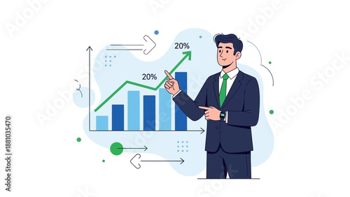 Businessman pointing at upward trending stock market graph with arrows
