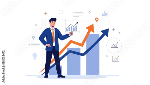 Businessman pointing at upward trending graph, business growth concept