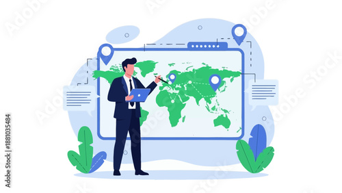 Businessman pointing to world map with digital connections and locations