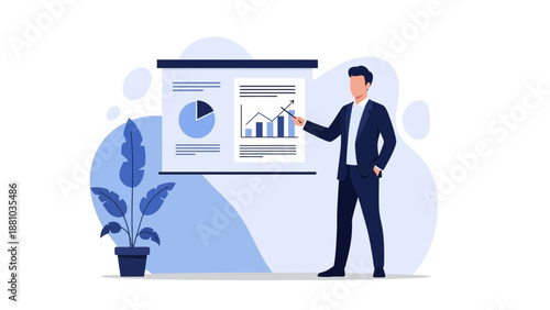Businessman presenting charts and graphs on a projection screen, modern business concept