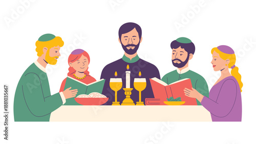 A colorful illustration of a group of people sitting around a table reading books and celebrating a Jewish holiday
