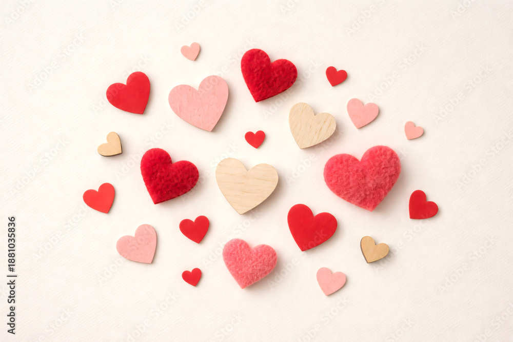 Fototapeta premium A bunch of hearts are scattered around a white background. The hearts are of different sizes and colors, with some being red and others pink. Scene is one of love and affection