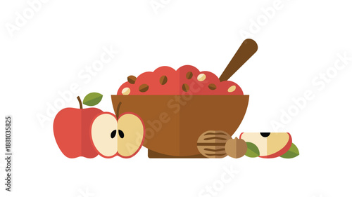 A vector graphic illustration of a wooden bowl filled with apples and a spoon next to whole and sliced apples