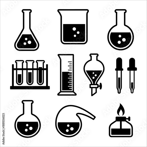 Chemical Laboratory Glassware and Science Equipment Icon Set for Research, Chemistry, and Education
