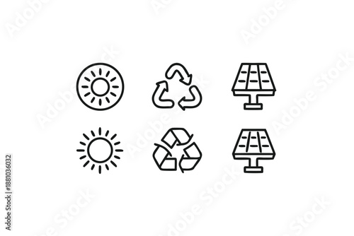 Line art icons representing solar energy, recycling, and environmental sustainability
