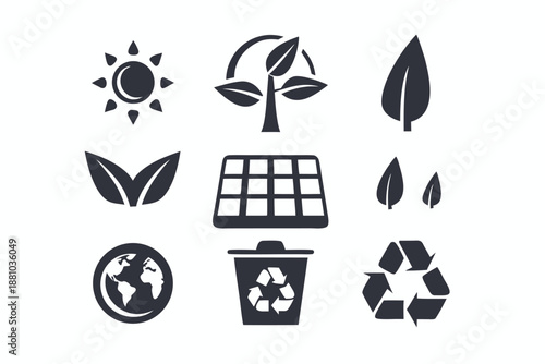 Simple vector icons for solar panels and recycling, symbolizing sustainable energy goals