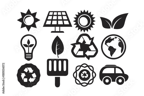 Eco-icons with solar panels and recycling symbols for a sustainable future