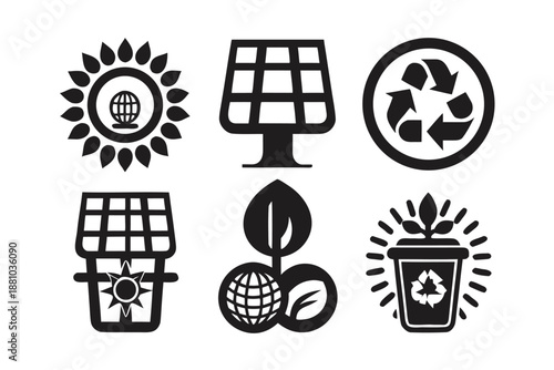 Modern icon set featuring solar panels and recycling for ecological and energy concepts