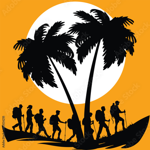 Silhouette of hikers with backpacks and trekking poles walking beneath tropical palm trees against a bright setting sun illustration design