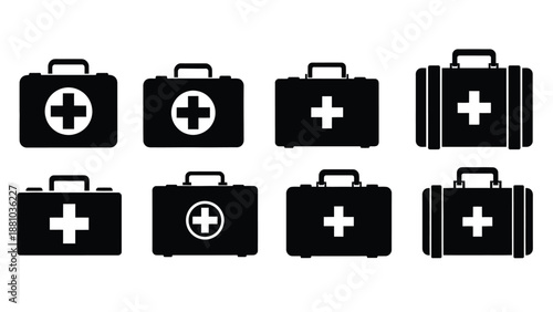 Collection of black medical cases with white plus signs various styles