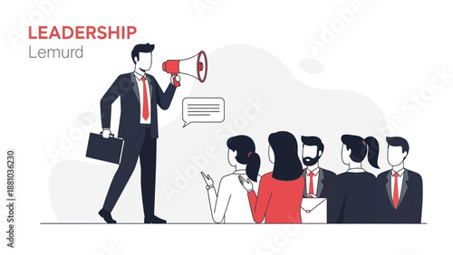 Business leader with megaphone addressing employees, team meeting, leadership concept