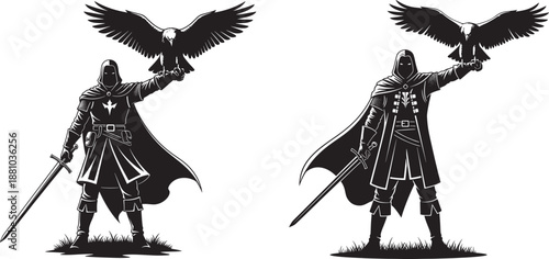 Epic Fantasy Illustration of a Hooded Medieval Warrior Holding a Sword and a Large Eagle Silhouette on a White Background