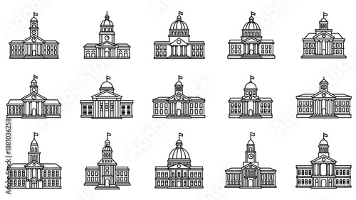 Collection of detailed line art illustrations depicting various state capitol buildings
