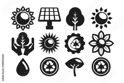 Simple line icons for solar panels and recycling, representing ecological balance