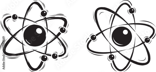 Set of Two Hand-Drawn Style Black and White Atomic Symbols Representing Science Physics and Chemistry Research