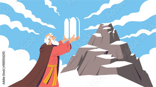 Moses receiving the Ten Commandments from God on a mountain with a blue sky and clouds