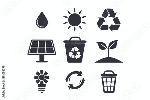 Graphic icons showing solar energy and recycling symbols for a sustainable world