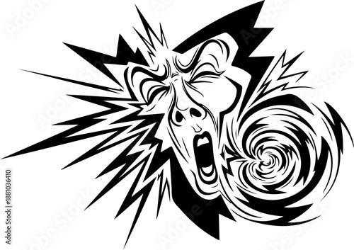 Dramatic black and white illustration of shocked human face expressing extreme surprise and revulsion emotions, high contrast line art