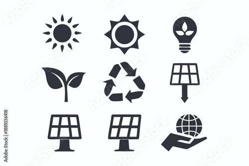 Set of sustainability icons: solar panels, recycling, and eco-friendly energy concepts