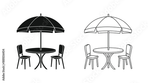 Outdoor dining set with an umbrella and chairs black and white illustration
