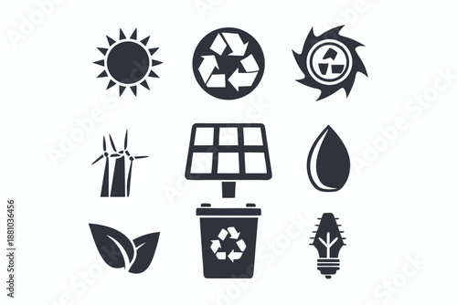 Solar Panel and Recycling Icons in Clean Line Art for Sustainability Themes