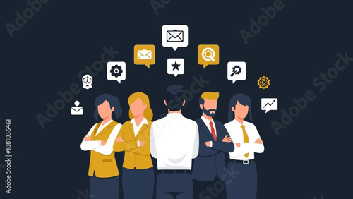 Diverse Business Team Collaboration with Digital Communication Icons