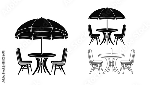 Black and white sketch of outdoor cafe furniture with umbrellas and chairs