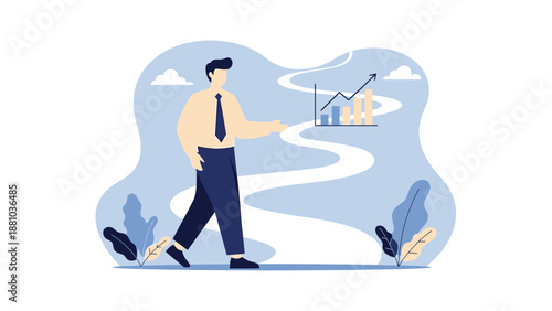 Businessman walking on growth path with upward trending graph
